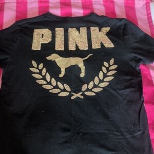 VS PINK Bling Campus Tee Black Gold Sequin S